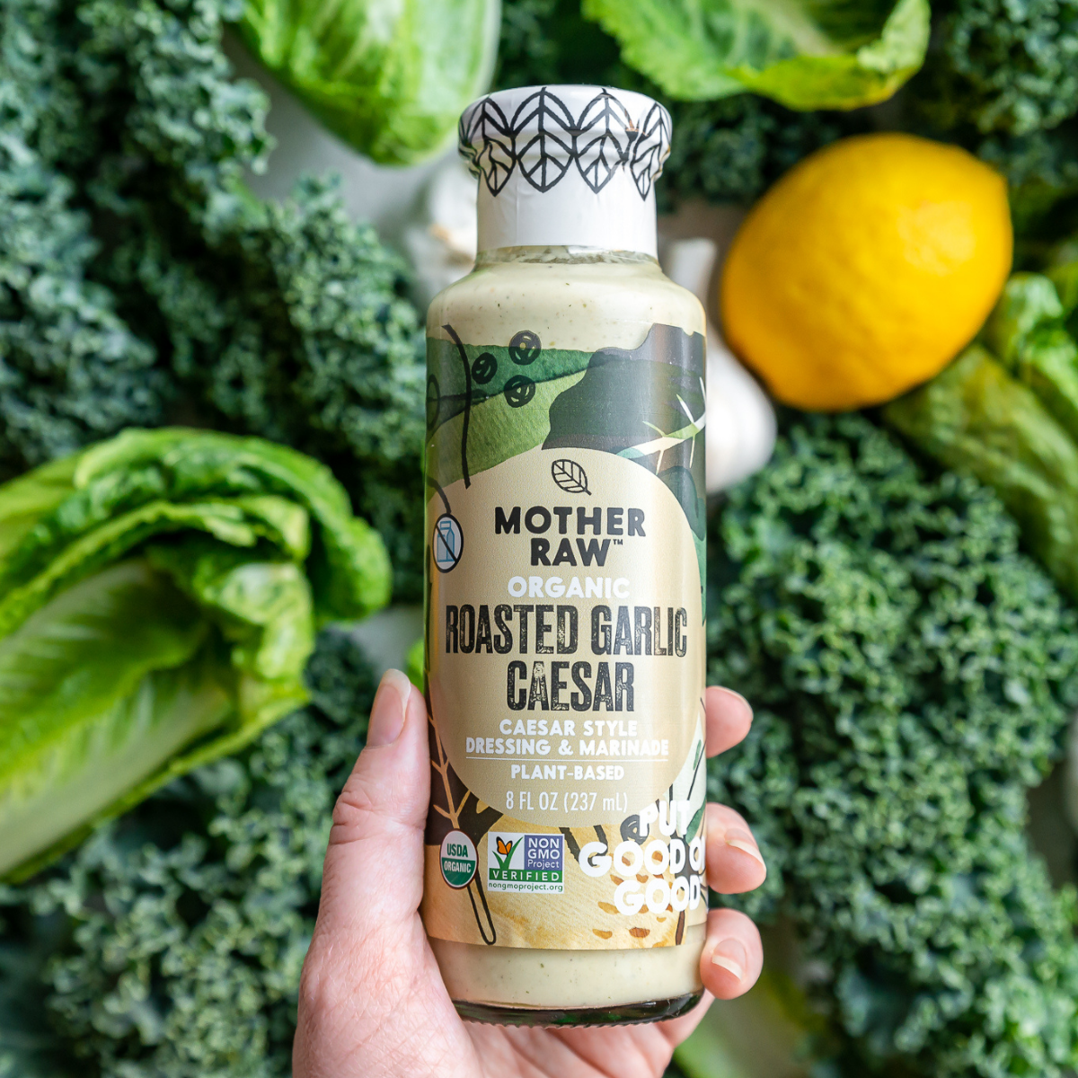 Organic, Vegan, Keto and Paleo Roasted Garlic Caesar Dressing Bottle with Veggies