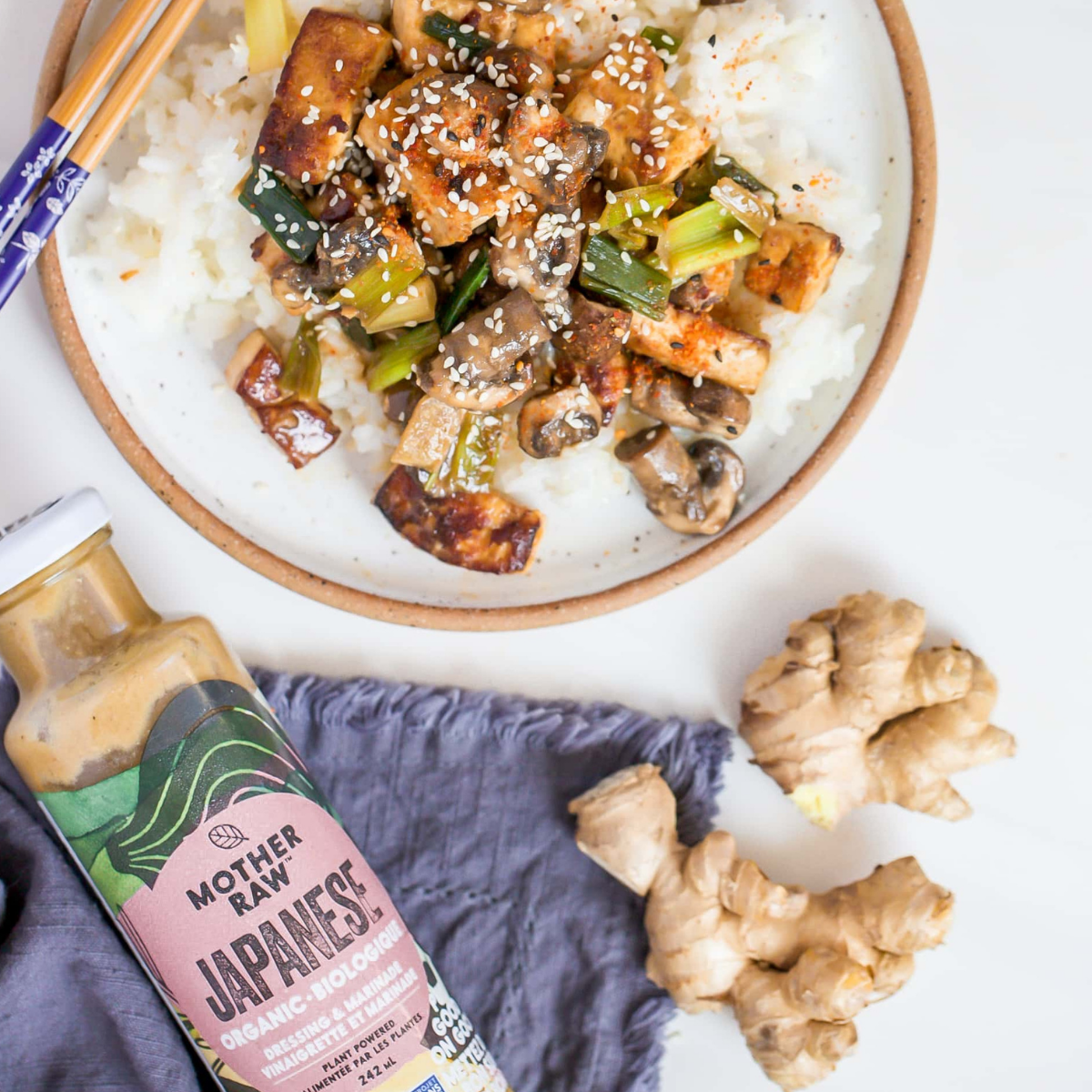 Mother Raw Vegan Japanese Dressing I with tofu rice bowl and gingc