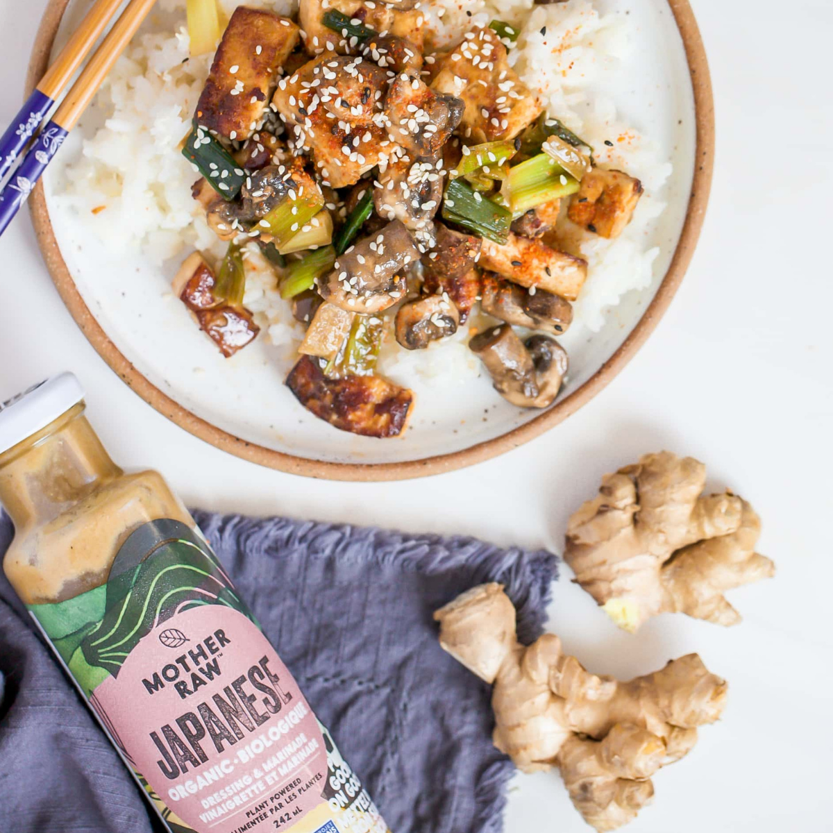 Mother Raw Vegan Japanese Dressing I with tofu rice bowl and gingc 