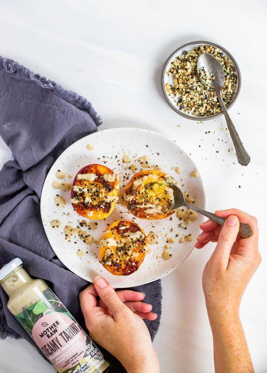 Grilled Peaches with Dukkah and Tahini