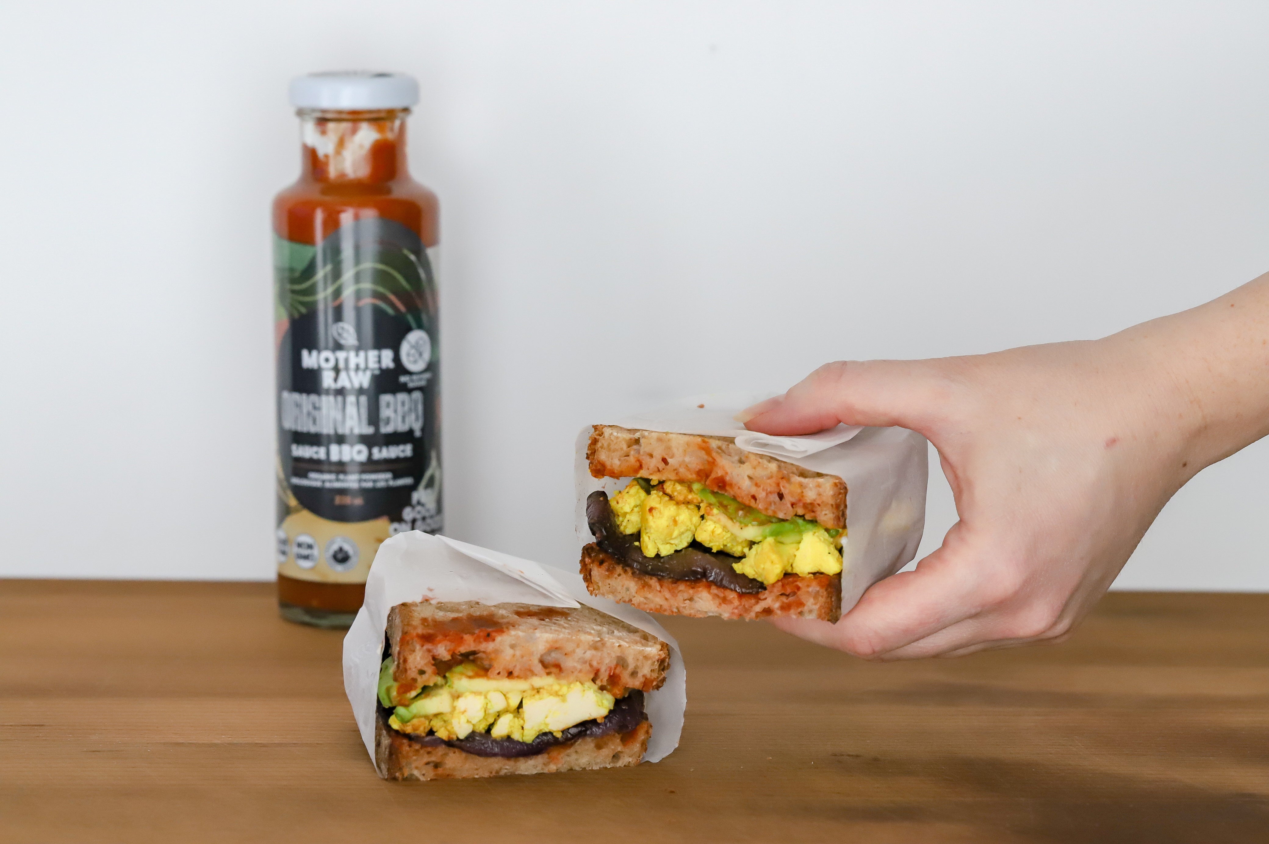 Scrambled Tofu Sandwich with Smoky Red Onion Bacon Mother Raw Canada