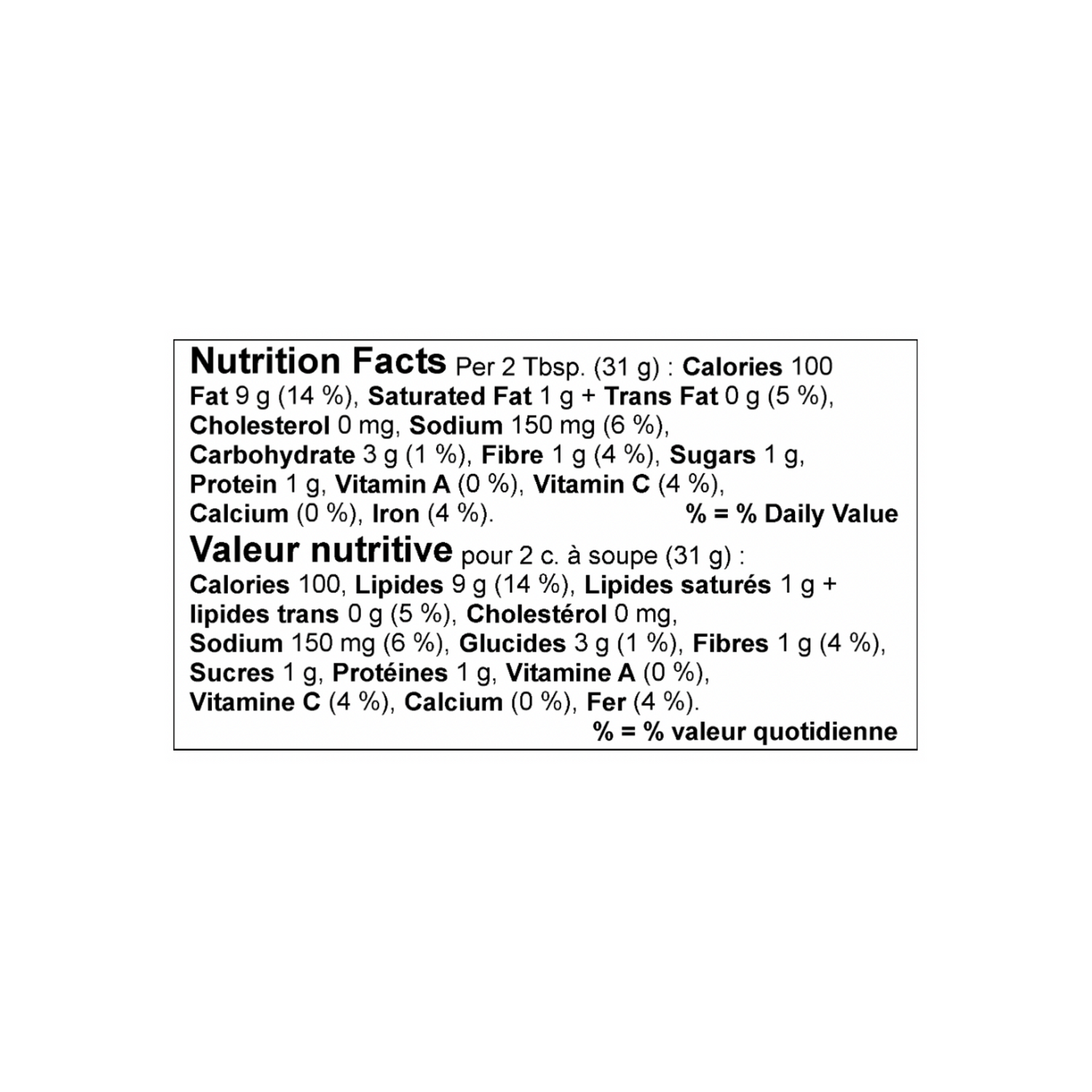Organic Dairy-Free Ranch Dip nutritional information