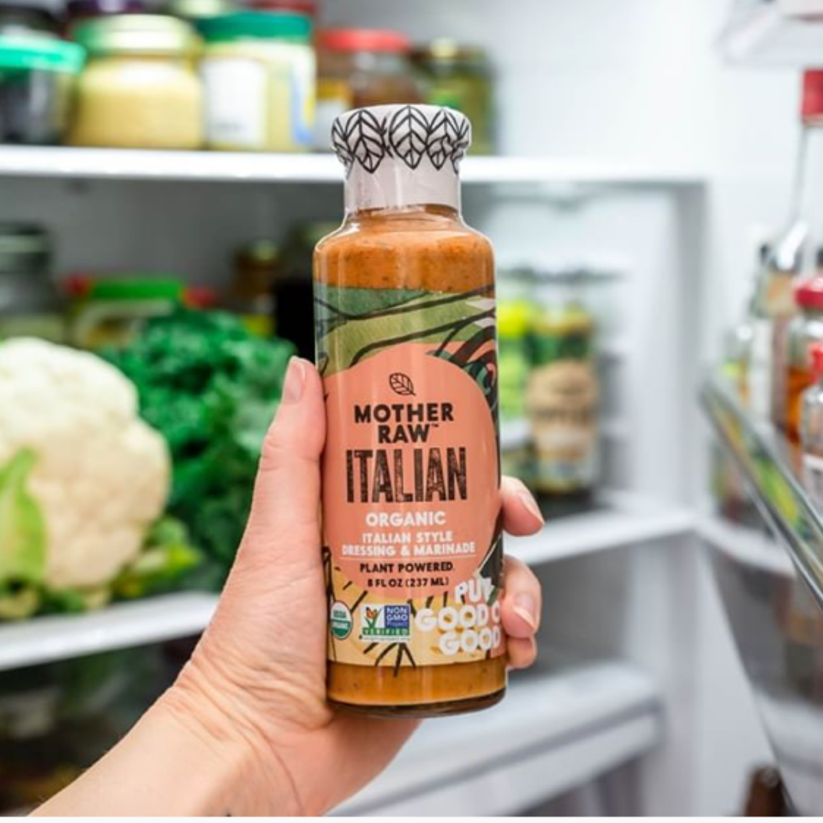 Mother Raw Vegan Italian Dressing in front of fridge