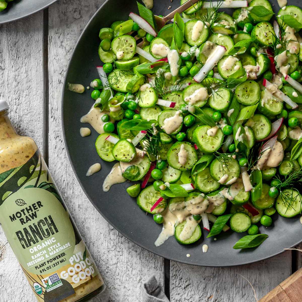 Mother Raw Organic Vegan Ranch Dressing on Cucumber Salad
