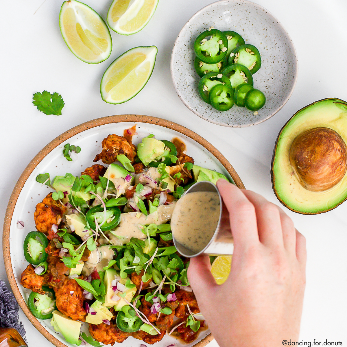 Mother Raw Organic Vegan Ranch Dressing on Cauliflower avocado jalepeno salad