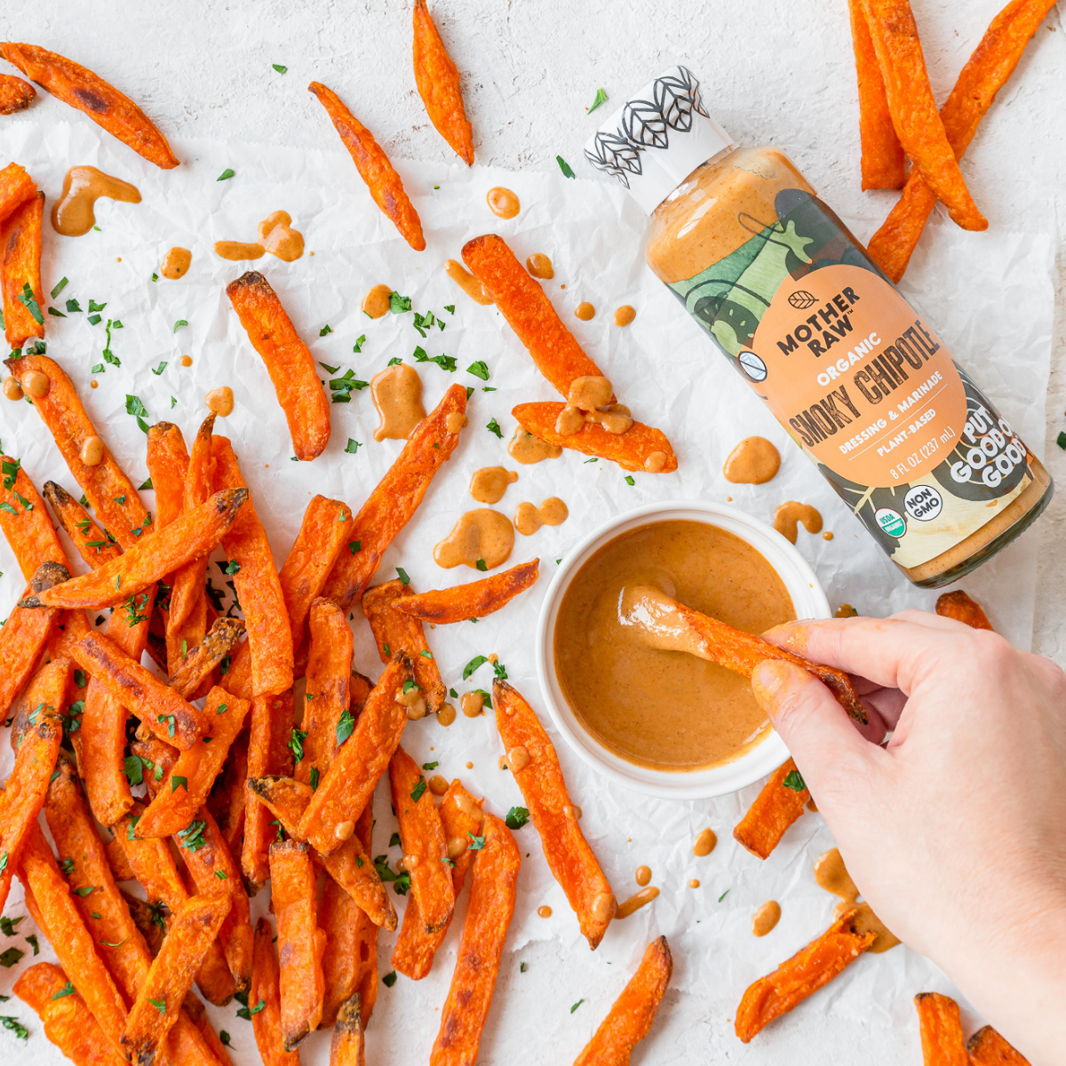 Vegan Organic Smoky Chipotle Ranch Bottle with Sweet Potato Fries